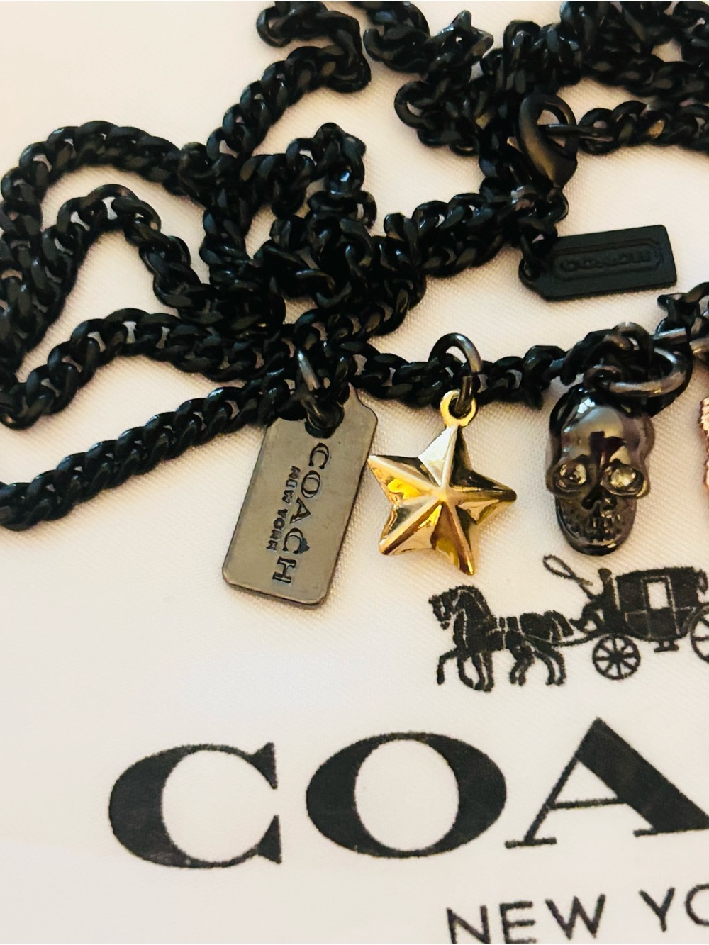 EXTREMELY RARE Coach Black Chain Necklace with Skull, Feather, Star Charms - Picture 4 of 16